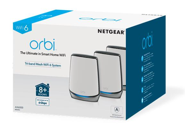 Netgear Orbi RBK853 AX6000 WiFi Mesh System Tri-Band WiFi 6 Mesh System, 6Gbps, 1 Router + 2 Satellites Netgear Orbi RBK853 AX6000 WiFi Mesh System Tri-Band WiFi 6 Mesh System, 6Gbps, 1 Router + 2 Satellites